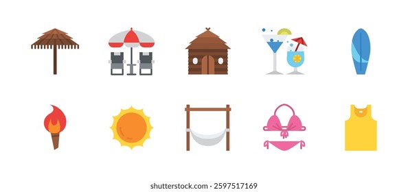 tropical forest nature island icons. flat color style icon set