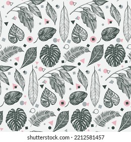 Tropical forest palm leaves vector seamless pattern