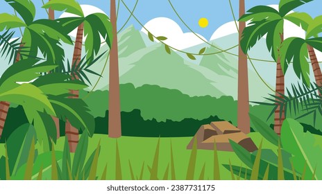 Tropical forest with palm trees and mountains. Vector illustration.