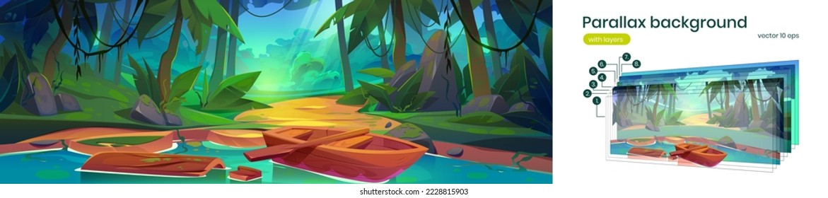 Tropical forest panorama, parallax background. Cartoon vector illustration of summer landscape with sun beams penetrating thick jungle wood with green palm trees, lianas, stones, wooden boat on river