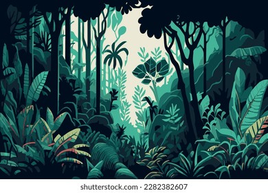 Tropical forest panorama. Tropics horizontal panorama.Vector illustration.