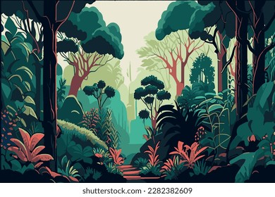 Tropical forest panorama. Tropics horizontal panorama.Vector illustration.