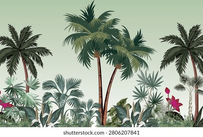Tropical forest with peacock, parrot, palm tree, plants, dark jungle seamless pattern illustration. Wallpaper Mural.