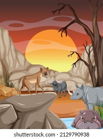 Tropical forest scene with wild animals  illustration