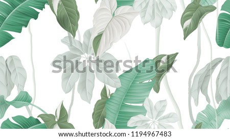 Tropical forest seamless pattern, banana leaves, Syngonium podophyllum albo-variegatum and Schefflera arboricola or umbrella tree on white background, pastel vintage theme