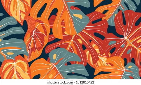 Tropical forest seamless Pattern. Floral wallpaper design  with exotic flowers and leaves, split-leaf Philodendron plant ,monstera plant, Jungle plants line art on trendy background Vector.