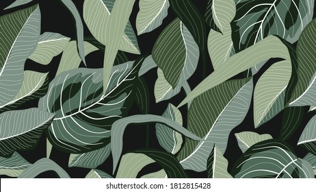 Tropical forest seamless Pattern. Floral wallpaper design  with exotic flowers and leaves, split-leaf Philodendron plant ,monstera plant, Jungle plants line art on trendy background Vector.