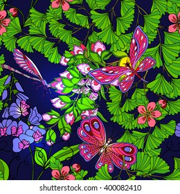 Tropical forest seamless pattern. Flowers, birds, butterflies and dragonflies. Vector illustration.