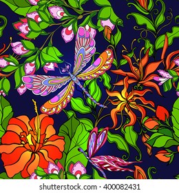 Tropical forest seamless pattern. Flowers, birds, butterflies and dragonflies. Vector illustration.