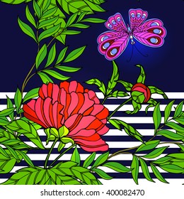 Tropical forest seamless pattern. Flowers, birds, butterflies and dragonflies. With black and white stripes. Vector illustration.