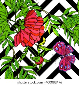 Tropical forest seamless pattern. Flowers, birds, butterflies and dragonflies. With black and white zigzag stripes. Vector illustration.