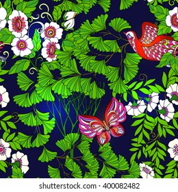 Tropical forest seamless pattern. Flowers, birds, butterflies and dragonflies. Vector illustration.