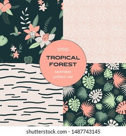 Tropical forest seamless pattern set. Jungle leaves. Exotic monstera plants. Striped and dotted print. Rainforest, orchid background pack. Decorative textile, wallpaper, wrapping paper vector design