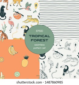 Tropical forest seamless pattern set. Flora and fauna. Exotic fruits. Rainforest, animals and plants backgrounds pack. Jungle birds. Decorative textile, wallpaper, wrapping paper vector design