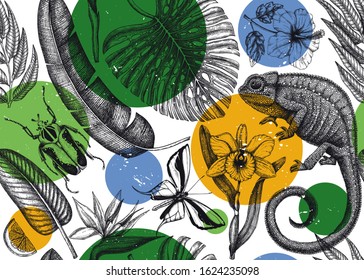 Tropical forest seamless pattern. Vector backdrop with hand drawn tropical plants, exotic flowers, palm leaves, insects and chameleon. Vintage paradise beach background. Exotic wildlife design.