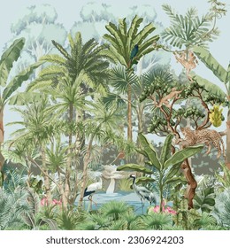 Bosque tropical con cigüeña, ave, mono, chita, árbol, planta, ilustración del lago para mural de papel pintado