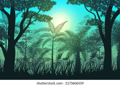 Tropical Forest in the sunrise view, with trees and blue sky