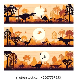 Tropical forest sunset with prehistoric dinosaurs silhouettes, vector horizontal banners. Tyrannosaurus, brachiosaurus and dimorphodon dinosaurs, mountains, palm trees and setting sun silhouettes