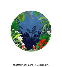 Tropical Forest With Tree And Flower In Blue Background And Rounded Frame Cartoon