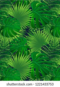 tropical forest vector illustration. Tropic background. Jungle seamless texture. Verticalal border frame. beautiful tropic leaves, plants. Summer, travelling, vacation design. Bright colors