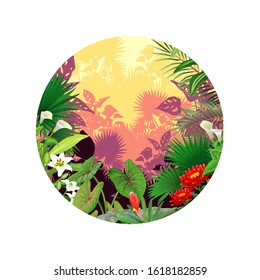 Tropical Forest View With Tree And Ivy Flower In Rounded Frame Cartoon