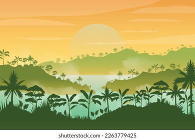 Tropical forest and water landscape background.