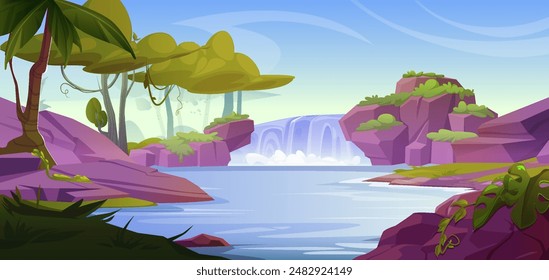 Tropical forest with waterfall cascade. Vector cartoon illustration of river scenery with exotic green trees and plants, water flowing down rocky stones, blue sunny sky, summer travel background