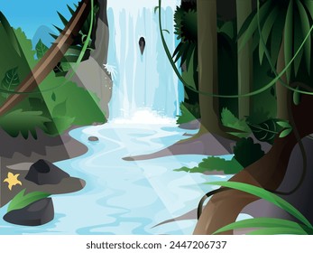 tropical forest - waterfall and running stream - sun light beacon