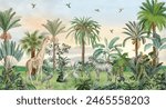Tropical forest, wild wallpaper mural, jungle background, birds and animal.