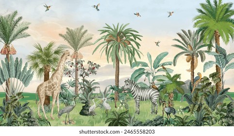 Bosque tropical, mural de Fondo de pantalla silvestre, fondo de selva, aves y animales.