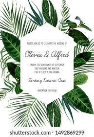 Tropical frame arranged from exotic emerald leaves. Geometric vector. Paradise plants, greenery and palm card. Stylish fashion banner. Wedding design. All leaves are not cut. Isolated and editable