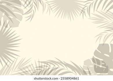 Tropical Frame Background. Frame of tropical foliage. Border with palm branch, leaves, monstera and exotic grass. Beige Background. Vector EPS 10
