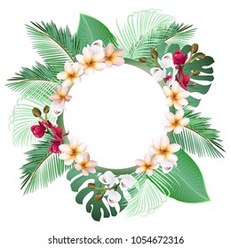 Tropical frame background with palm leaves, plumeria and orchid flowers, vector design template.