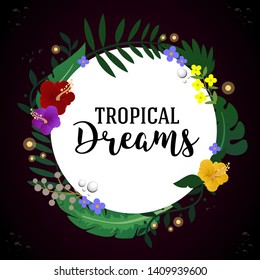 Tropical Frame Banner. Vector Isolated Graphic Design Illustration. Tropic, jungle leaves, banan leaf, palm leaf, fern, flowers, water dots, sparkle, fireflies. Greating card, invitation, avertising.