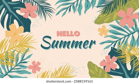 Tropical frame with borders of palm leaves, plants and flowers. Hello summer tropical background with wildlife leaves. Beautiful vector illustration of summer background for design.