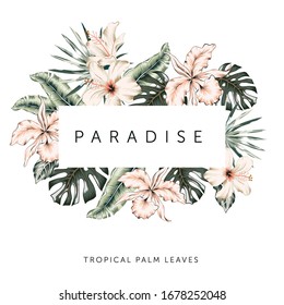 Tropical frame. Bouquet of green palm leaves, blush orchid, hibiscus flowers, white background. Vector illustration. Exotic plants. Paradise nature. Floral arrangement. Design template greeting card