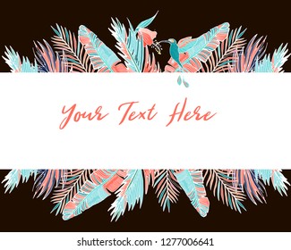 Tropical frame in coral palm leaves and monstera. Tropical background for wedding invitation, greeting cards, covers, surface, print, wrap, scrapbooking.