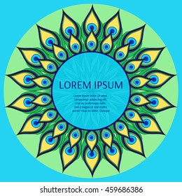 Tropical frame decoration element with place for text. Peacock feather banner template for tourism banner, card, flyer or invitation. Frame with colors inspired by tropic birds.