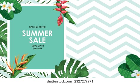 Tropical frame design template with empty area. Exotic leaves, flowers. Best for for party invitations, sale posters and wedding cards. Vector template.