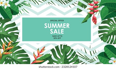 Tropical frame design template with leaves, flowers for party invitations, sale posters and wedding cards. Vector template.