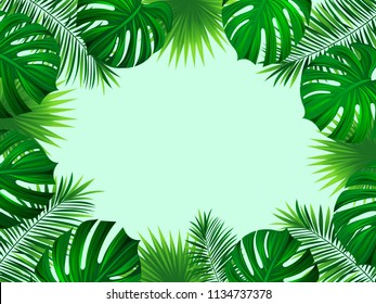 Tropical frame with exotic jungle plants, palm leaves, monstera and place for your text. Folliage background. Vector tropic design.Trendy bright gradient colors. Travel, summer, holiday, vacation card