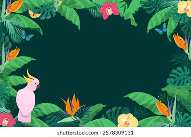 Tropical frame with exotic jungle plants and a pink cockatoo in the corner.  Vector illustration
