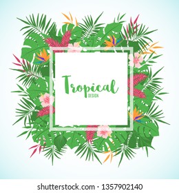 Tropical frame with exotic tropical leaves, palm tree, monstera and flowers in hand drawn style. Floral border template. Vector illustration.