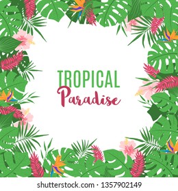 Tropical frame with exotic tropical leaves, palm tree, monstera and flowers in hand drawn style. Floral border template. Vector illustration.