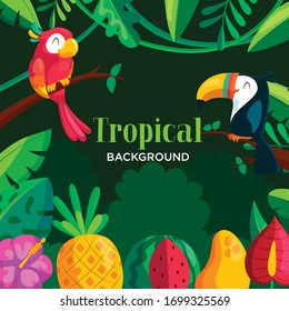 Tropical frame with exotic palm leaves, tropical fruits, bright parrot