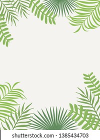 Tropical frame from flat green leaves on the white background. Vector foliage vertical poster