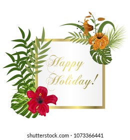 Tropical frame floral summer leaf aloha design. Wedding invitation card design exotic flowers leaves. Green palm jungle exotic vector illustration. Background plant nature hawaii backdrop decoration.