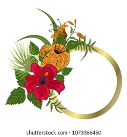 Tropical frame floral summer leaf aloha design. Wedding invitation card design exotic flowers leaves. Green palm jungle exotic vector illustration. Background plant nature hawaii backdrop decoration.