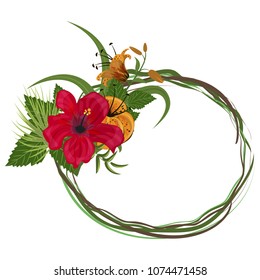 Tropical frame floral summer leaf aloha design. Wedding invitation card design exotic flowers leaves. Green palm jungle exotic vector illustration. Background plant nature hawaii backdrop decoration.
