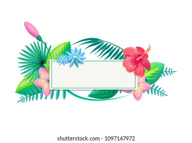 Tropical frame and flowers, foliage with leaves, border decorative floral elements, set of plants on poster place for text vector illustration isolated on white